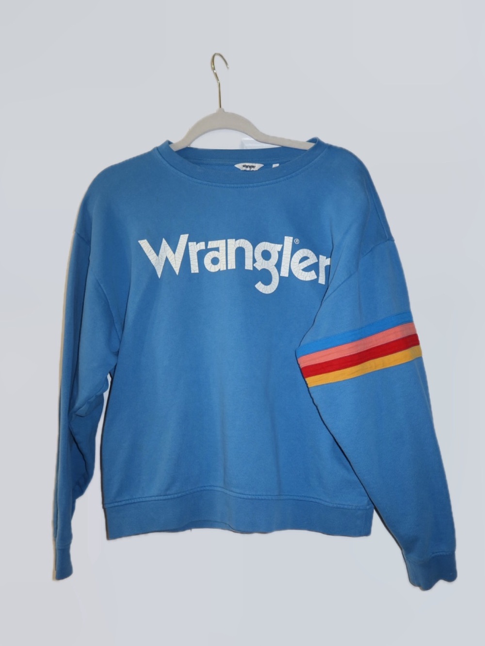 Wrangler Blue Crewneck Sweatshirt with White Logo and Retro Sleeve Stripes